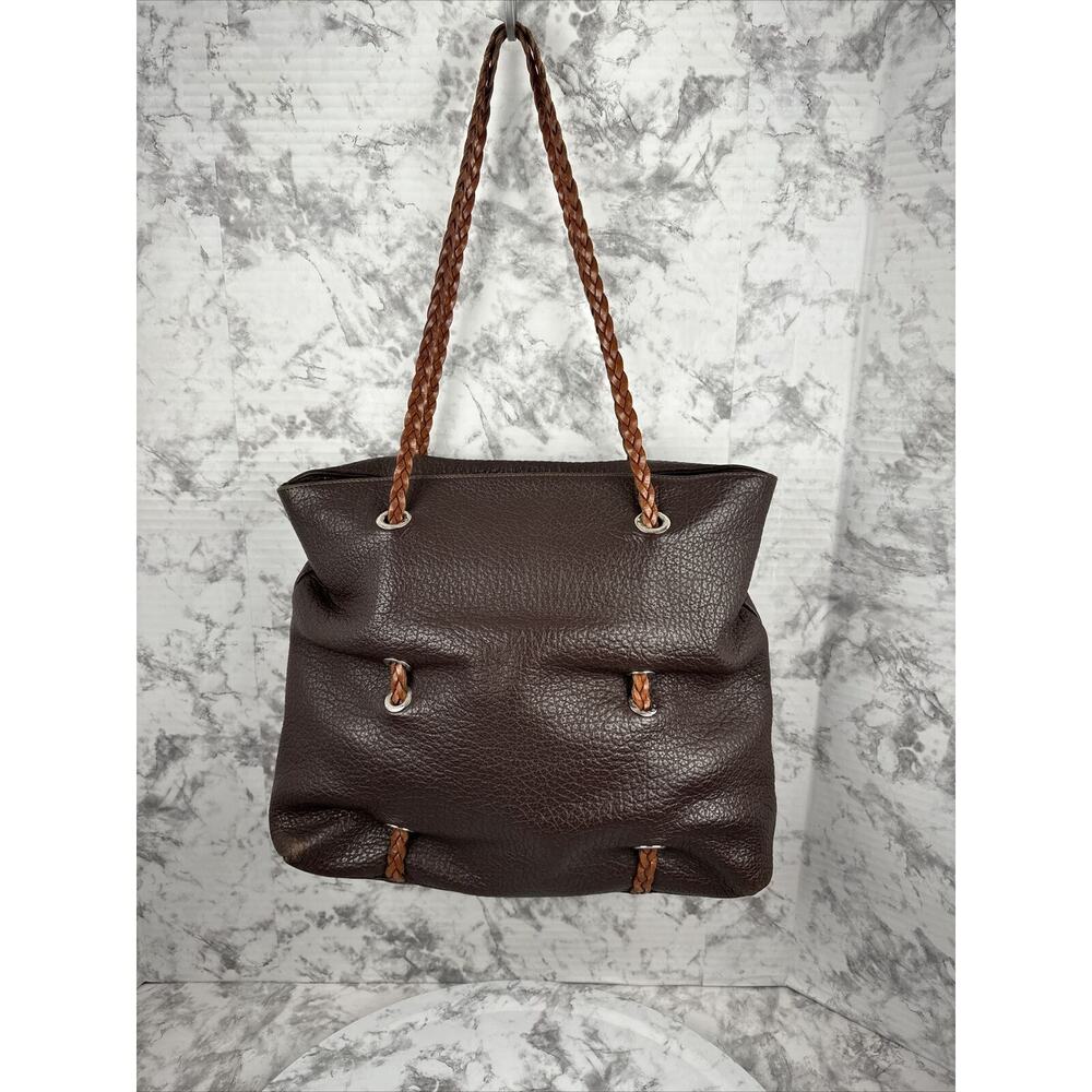 Groom Paris Womens‎ Tote Bag Purse Brown Pebbled Leather Braided Straps Zip Top